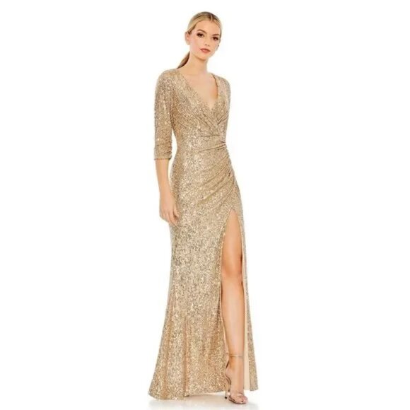 NWT Ieena By Mac Duggal #42015 Gold Sequin Draped Gown Dress Size 0 NEW - Picture 1 of 16